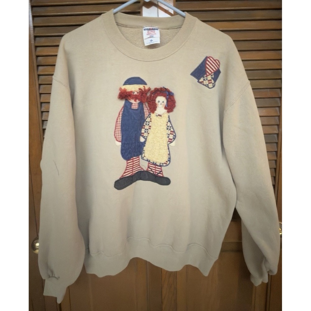Vintage 90s Jerzees Super Sweats L Raggedy Ann Andy Applique Sweatshirt USA